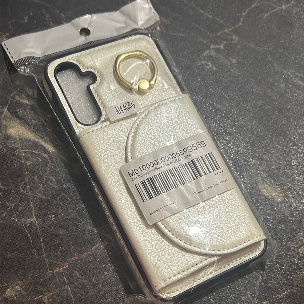 New Android A14 White Phone Case with Card Holder and Gold Ring Holder